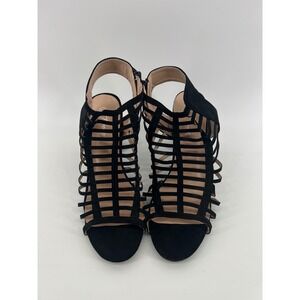 Forever Womens Size 10 Black Suede Cage Heels Gladiator Strappy Zipper Block